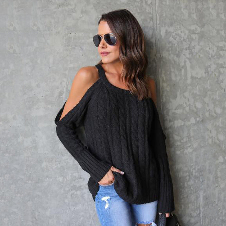off-shoulder twist knit sweater #Color_Black