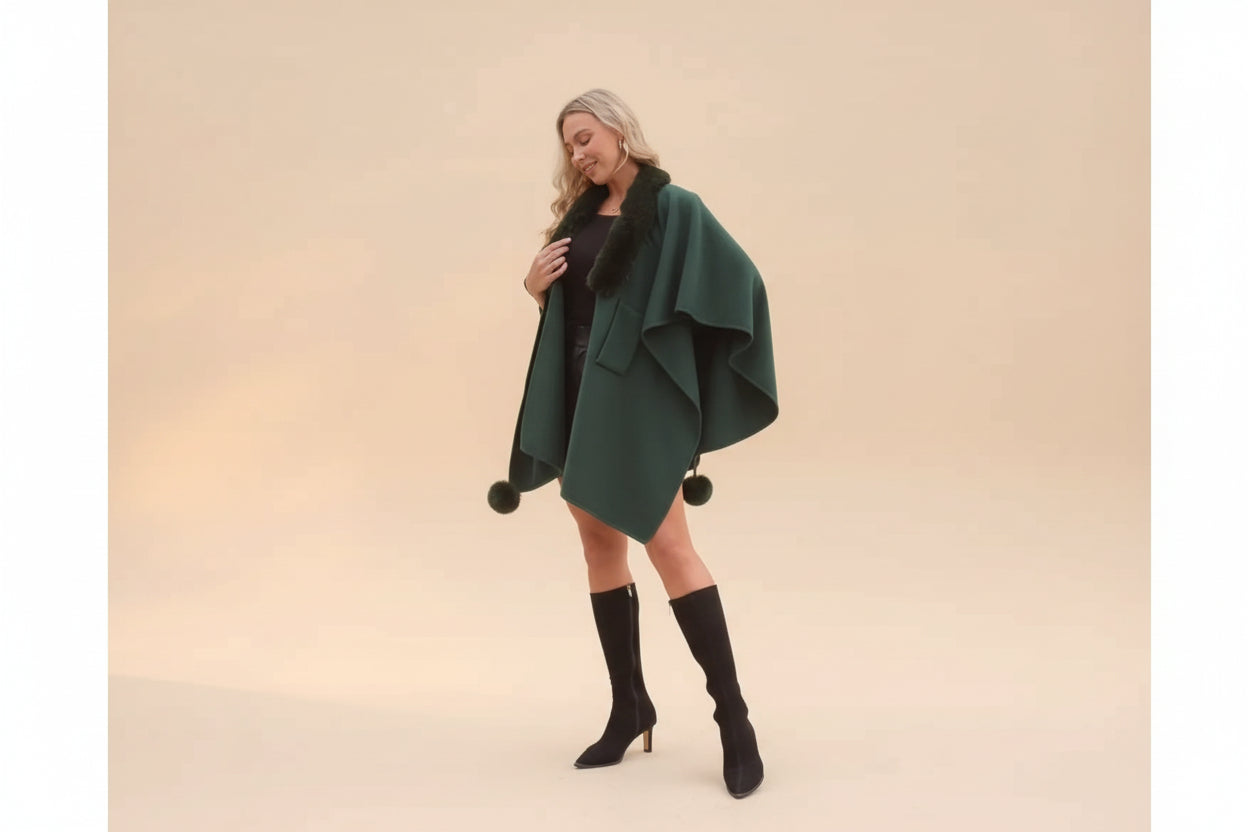 ELNOVÉ Fur Collar Knit Cape Shawl