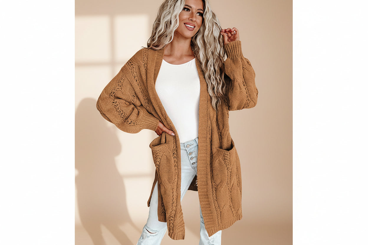 Ribbed Trim Eyelet Cable Knit Cardigan — View 45