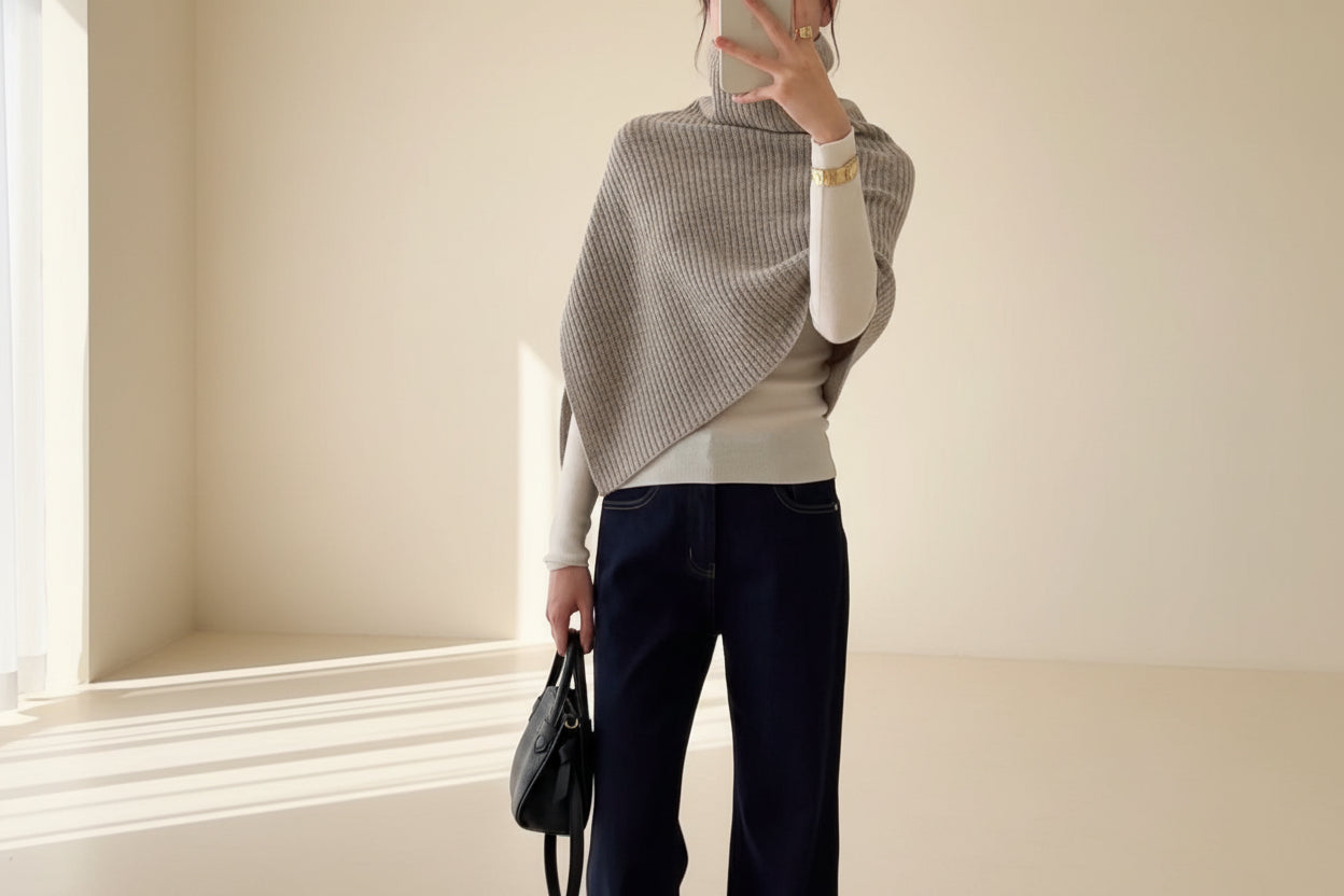 Apricot High Neck Shawl Knit Cape — View 5