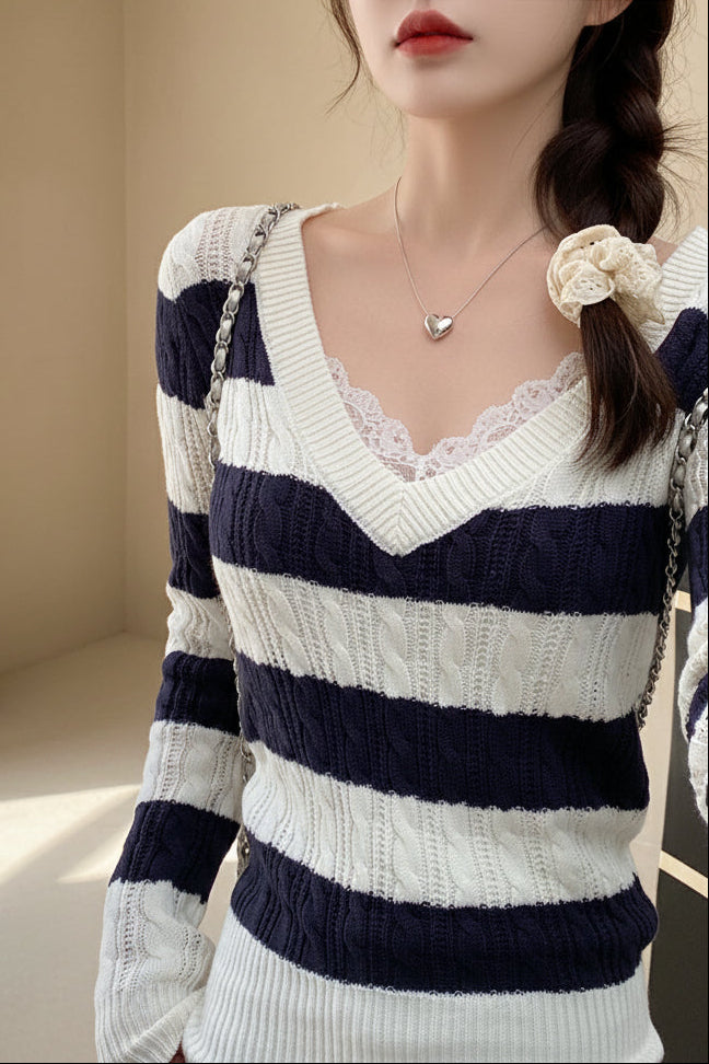 ELNOVÉ V-Neck Cable Knit Sweater
