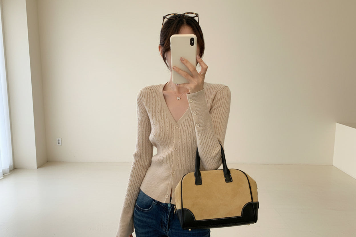 Cable Knit V-Neck Slim Cardigan — Detail View 7