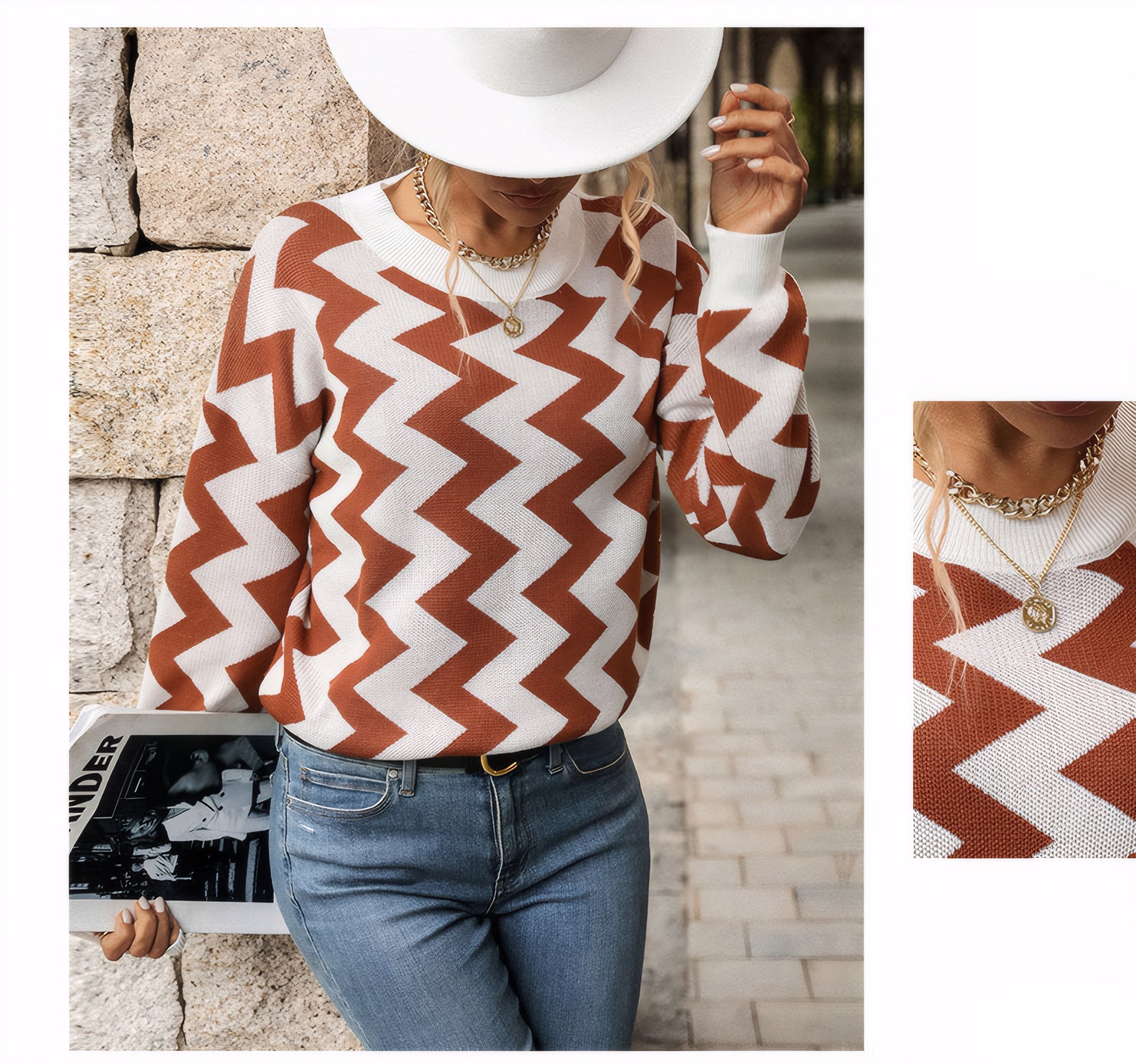 wave-pattern knit pullover