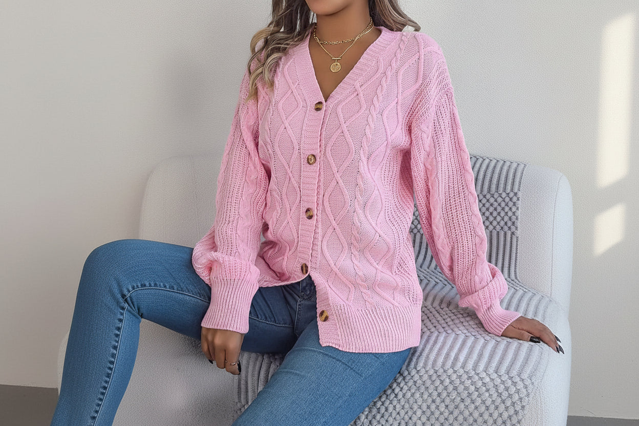 Cable-Knit Long Sleeve Cardigan — Detail View 4