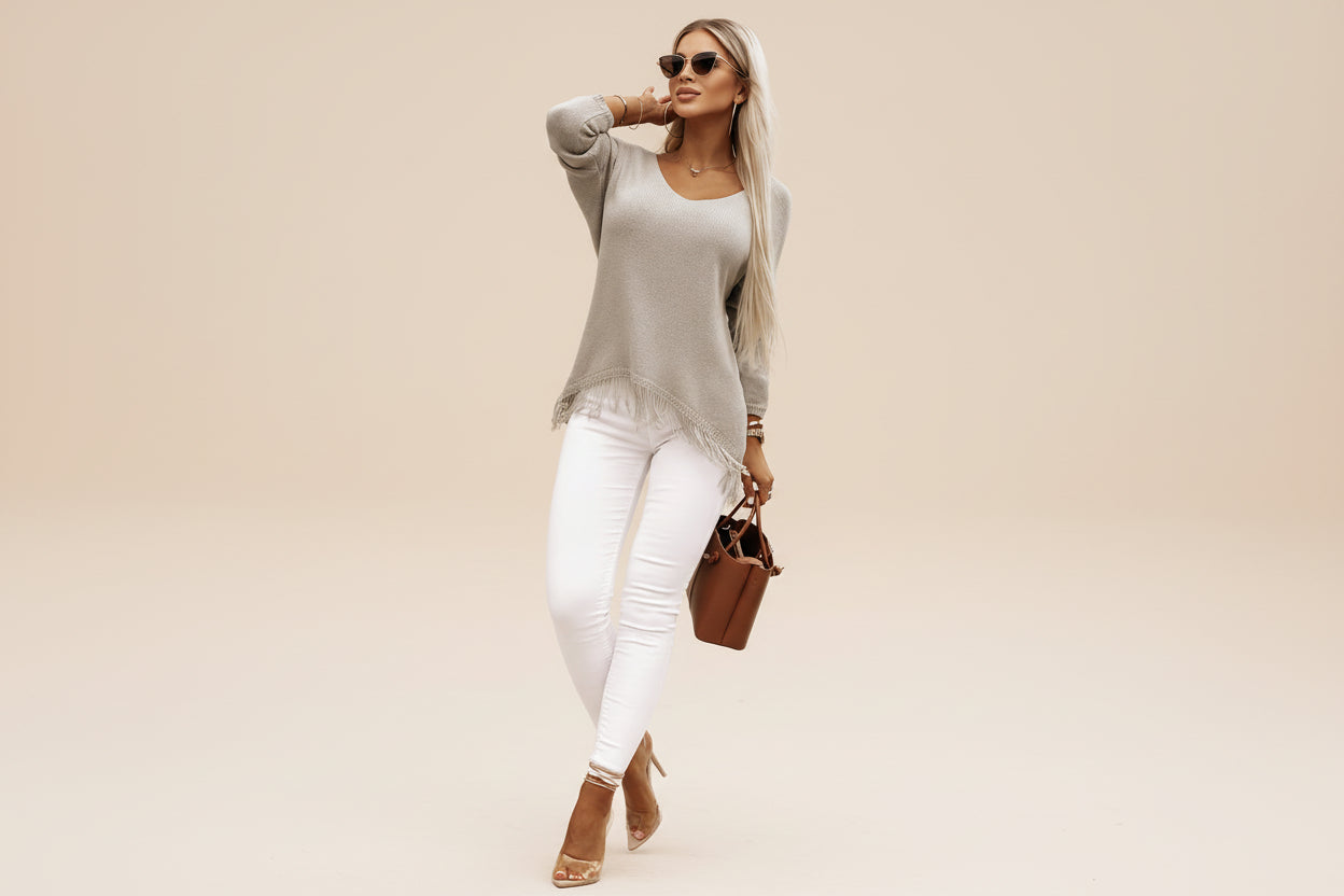 Khaki Lightweight Knit Fringe Hem Sweater — Detail View 2