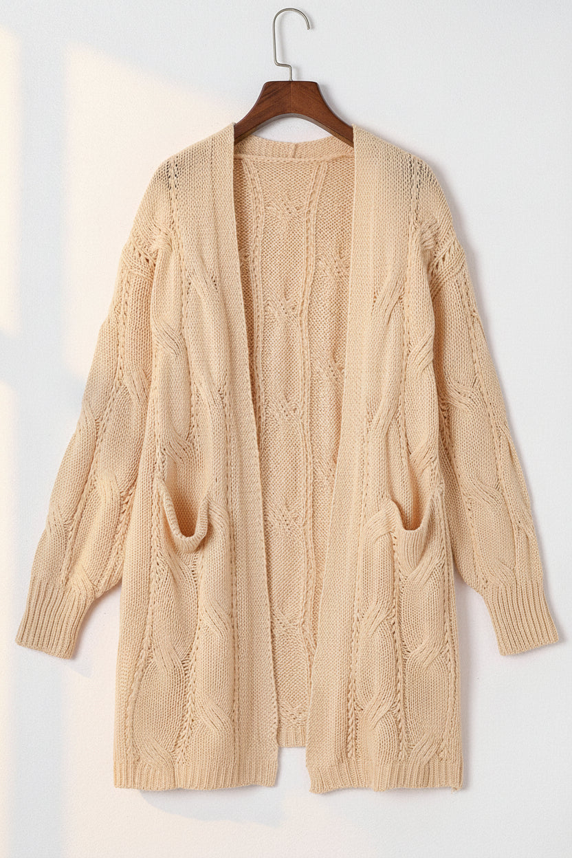 Ribbed Trim Eyelet Cable Knit Cardigan — View 18