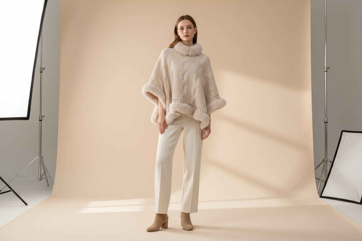 Fuzzy Hem Cable-Knit Poncho — Detail View 10