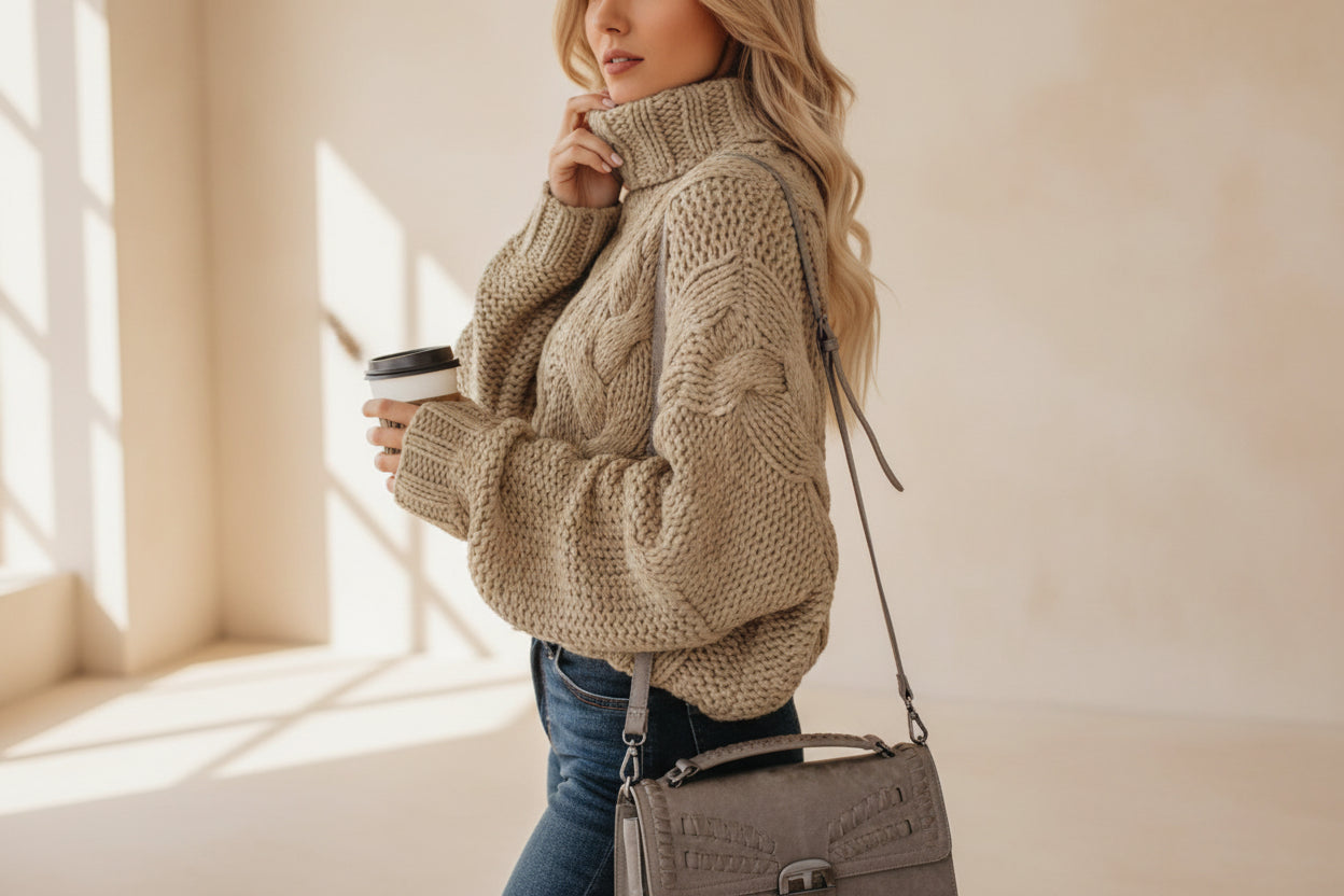 High Neck Cable Knit Cropped Sweater — Detail View 5