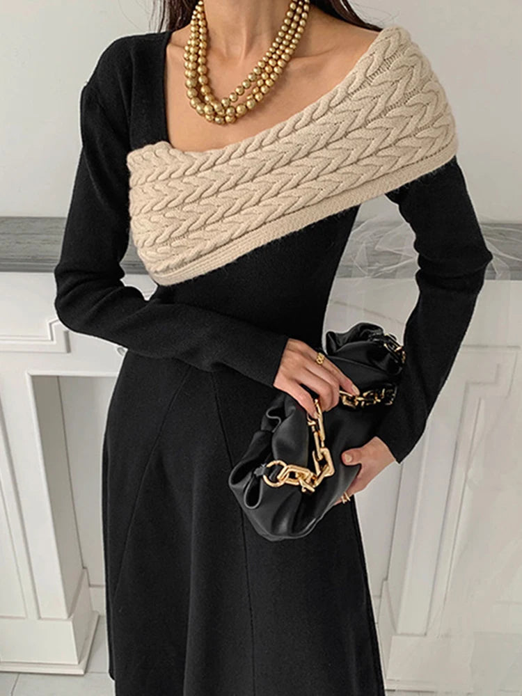irregular-collar contrast knit dress