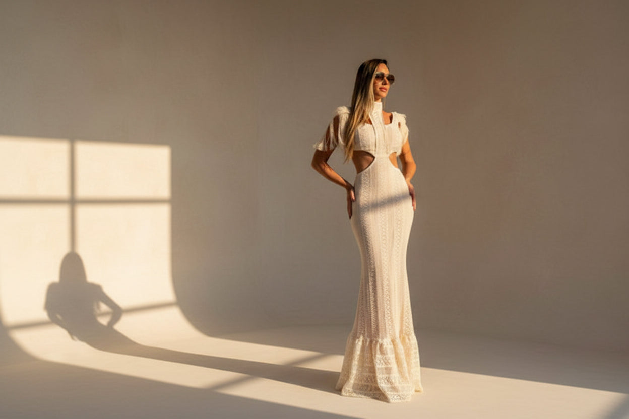 Tassel Sleeve Turtleneck Crochet Maxi Dress — lifestyle shot