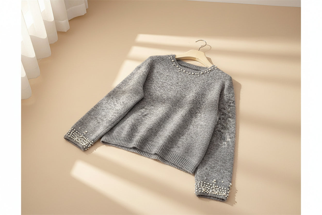 Pearl-Embellished Soft Knit Sweater — Detail View 2