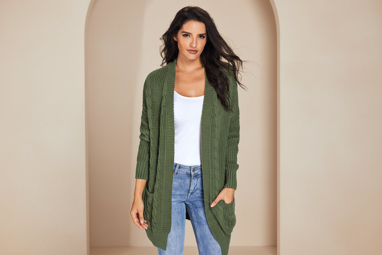 Gray Textured Knit Long Cardigan — Detail View 9