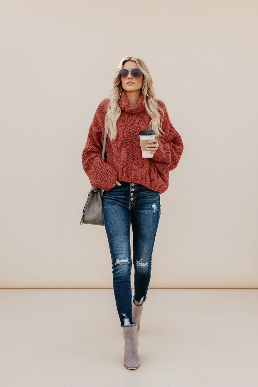 Cable-Knit Handmade Turtleneck Sweater — Detail View 21