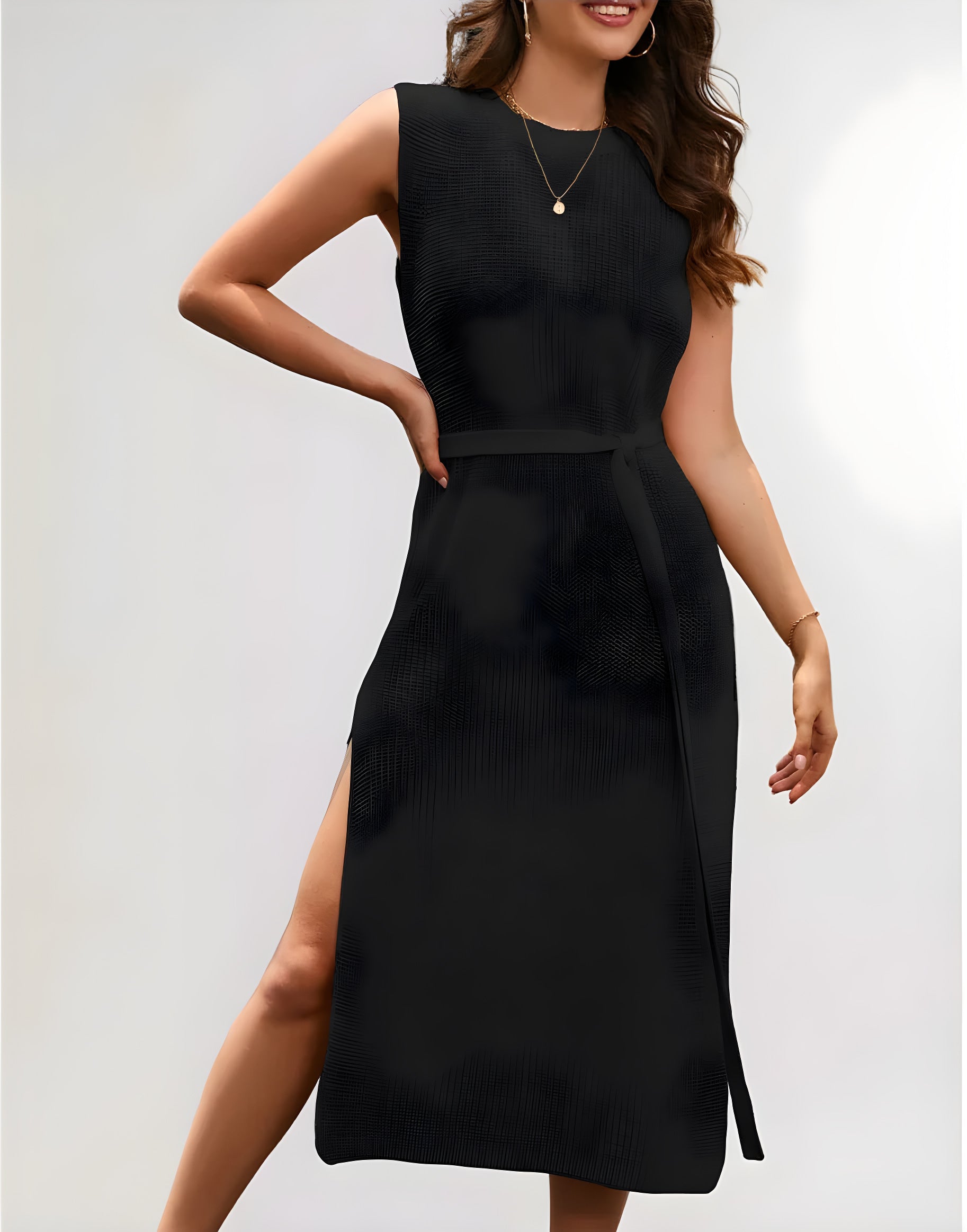 sleeveless knit slit maxi dress #Color_Black