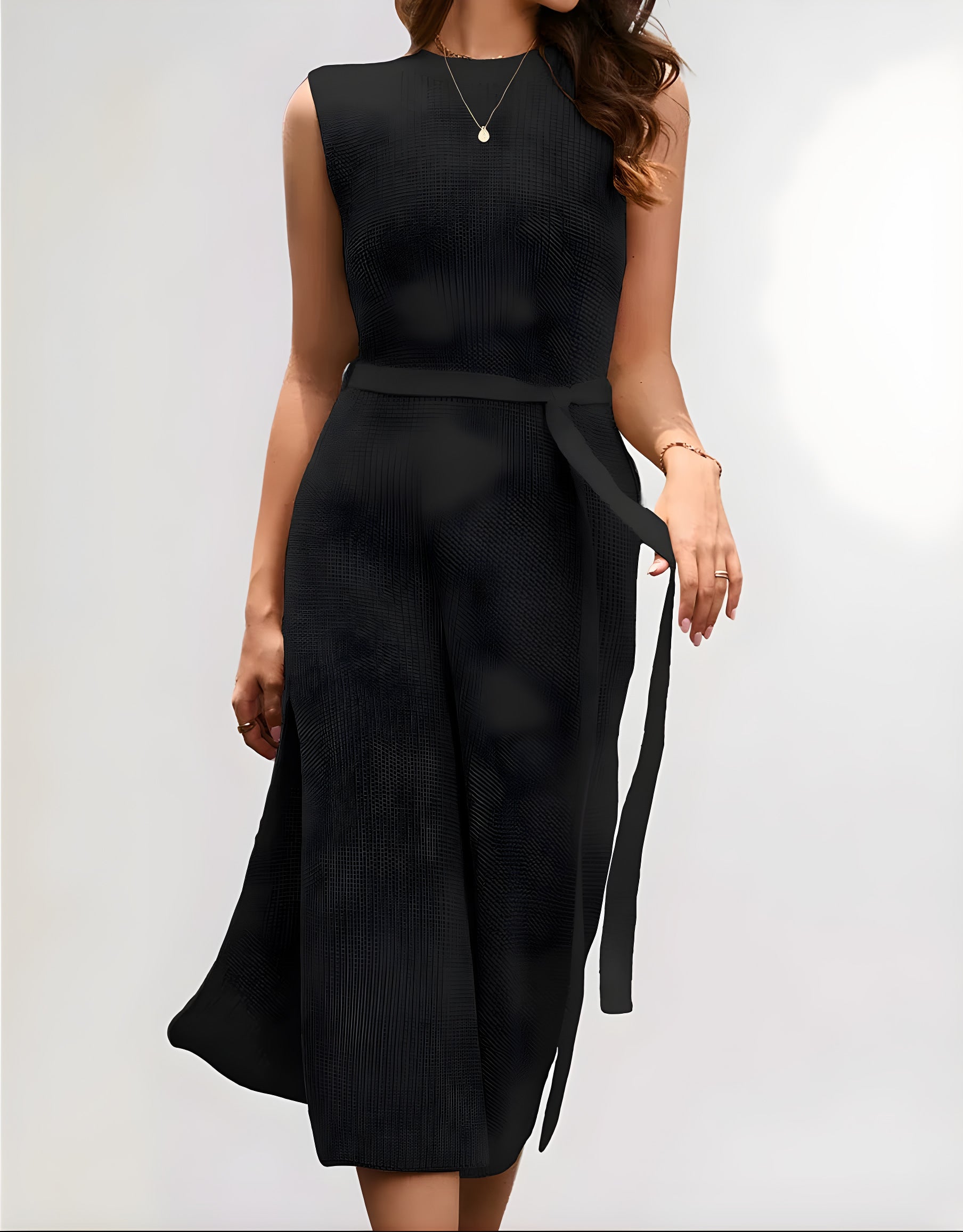 sleeveless knit slit maxi dress #Color_Black