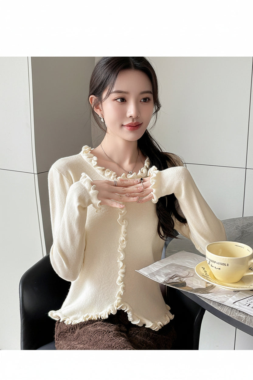 Ruffled Round Neck Knit Sweater — Front View