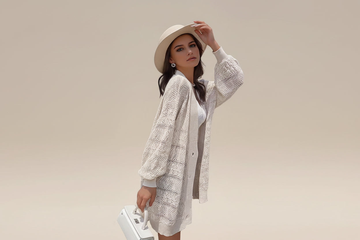 Crochet Diamond Open-Front Beach Cardigan — detail view