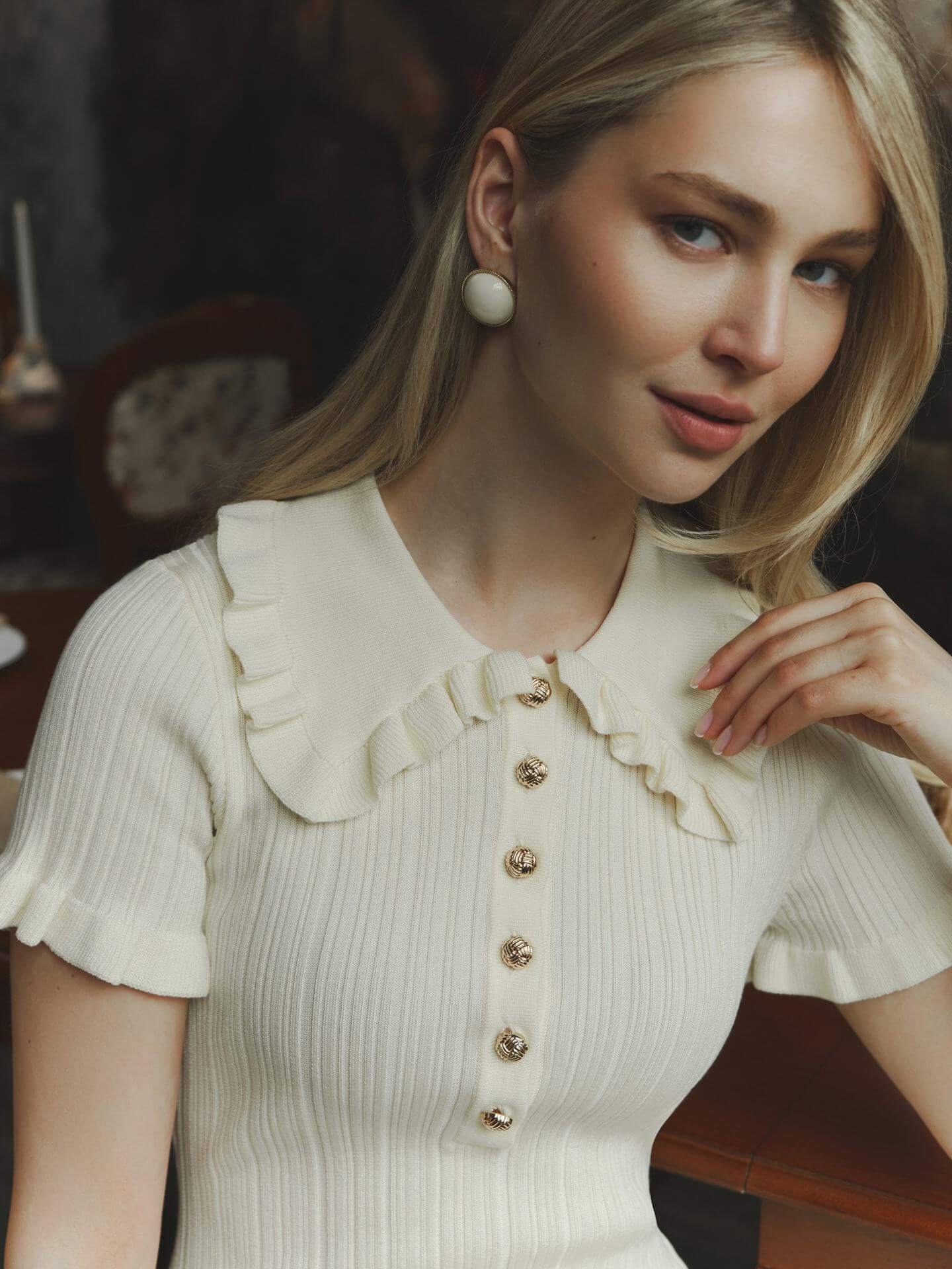 ruffle-trim polo knit dress#Color_White