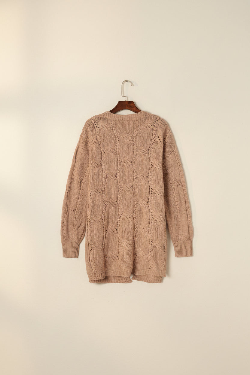 Ribbed Trim Eyelet Cable Knit Cardigan — View 65