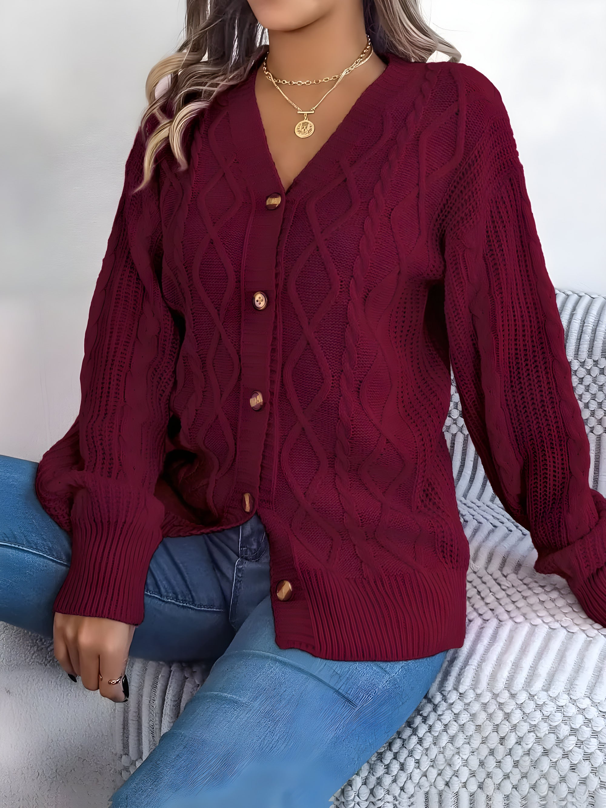 cable-knit V-neck cardigan #Color_Burgundy