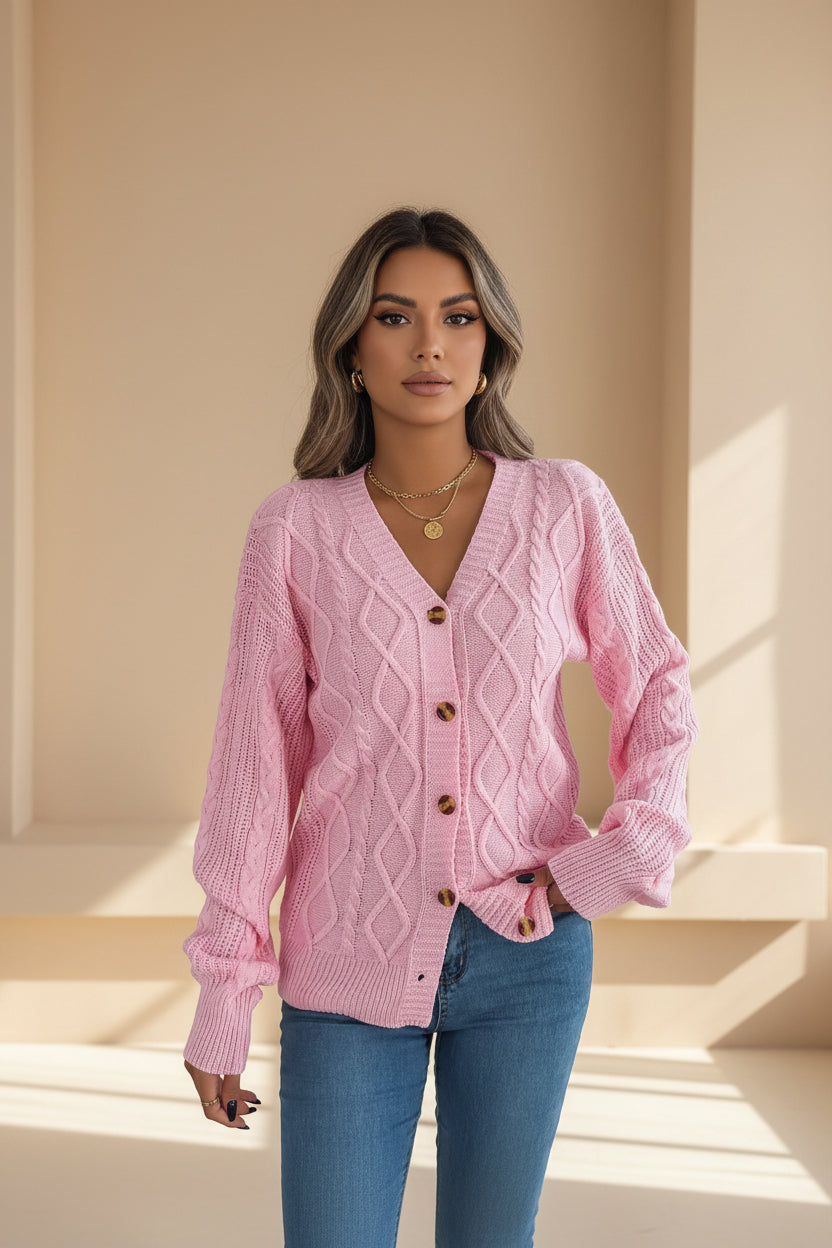 Cable-Knit Long Sleeve Cardigan — Front View