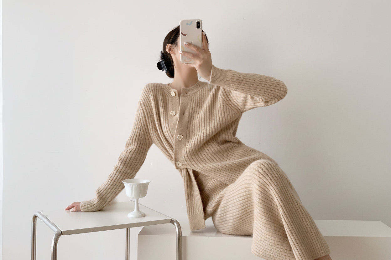 Stand Collar Split Knit Sweater & Pants Set — Front View