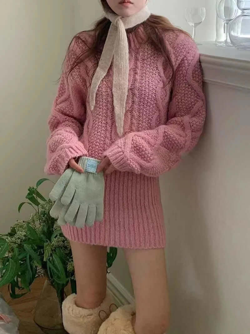 Manon Cable-Knit Mini Sweater Dress#Color_Pink