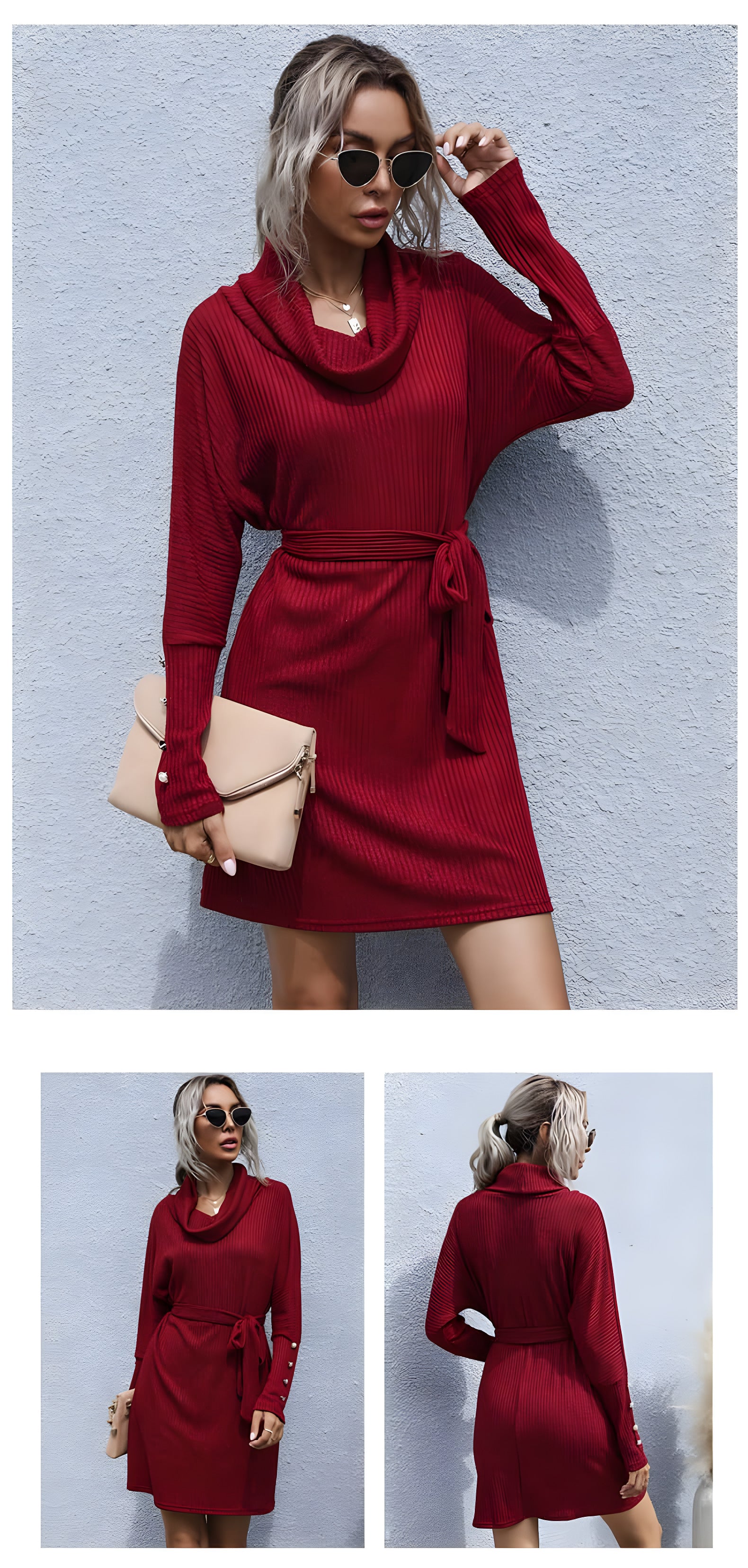 Madeleine Turtleneck Knit Midi Dress#Color_Burgundy