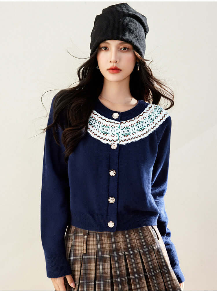Inès Geometric Knit Cardigan #Color_Navy Blue
