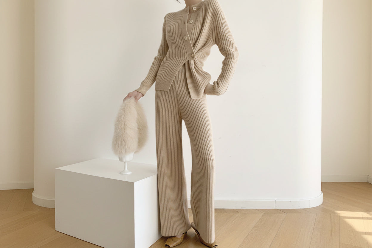 Stand Collar Split Knit Sweater & Pants Set — Back View