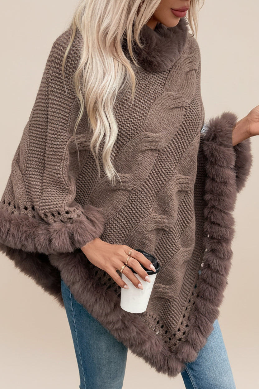 Fuzzy Hem Cable-Knit Poncho — Detail View 2