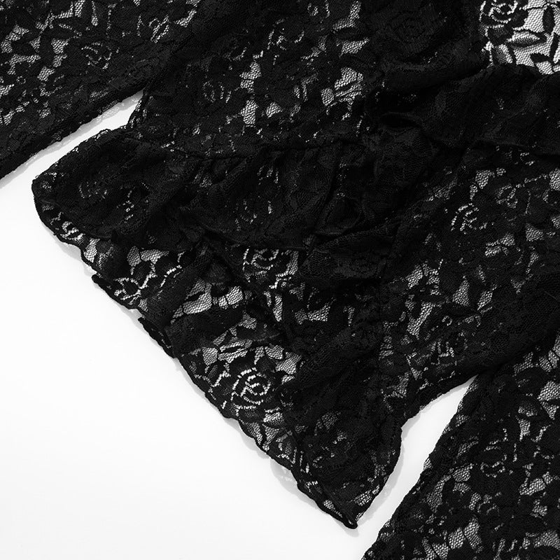 lace-spliced V-neck knit top