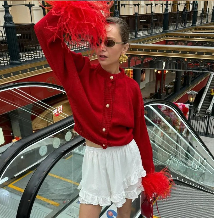 feather-trim knit cardigan