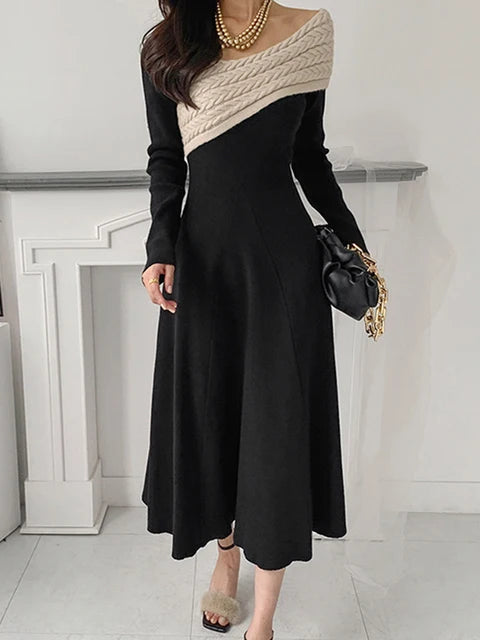 irregular-collar contrast knit dress