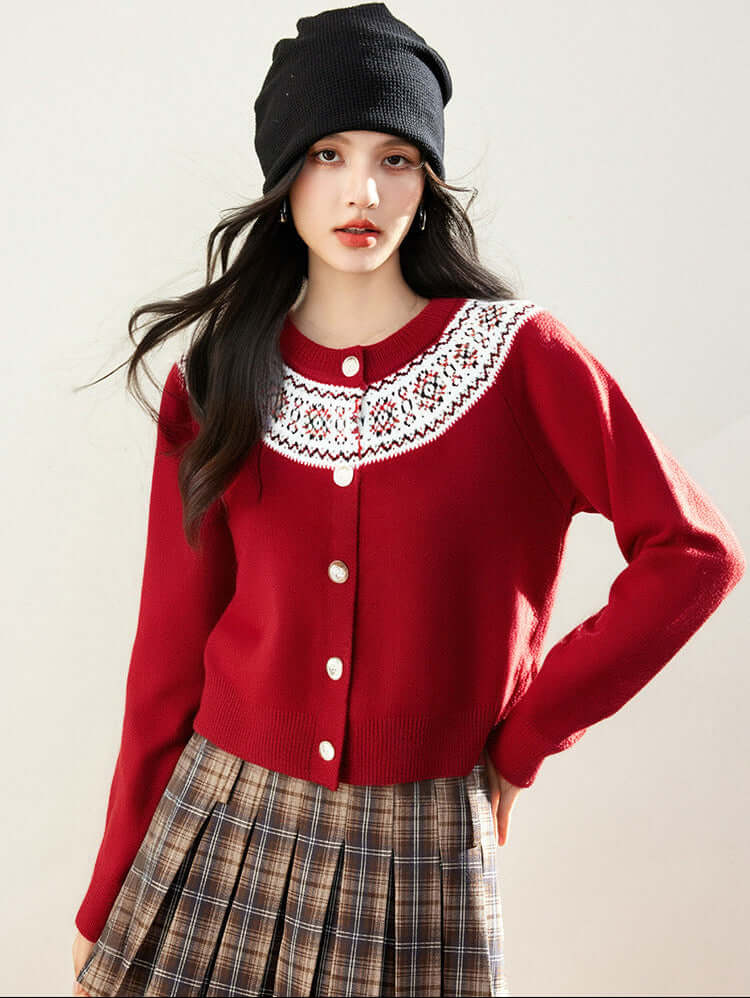 Inès Geometric Knit Cardigan #Color_Red