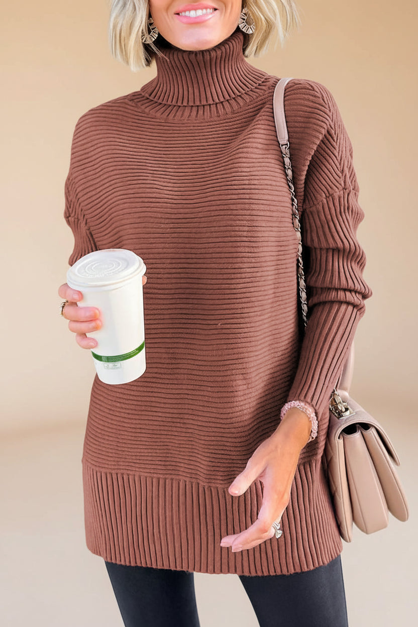 Mineral Red Ribbed Turtleneck Knit Sweater — Front View