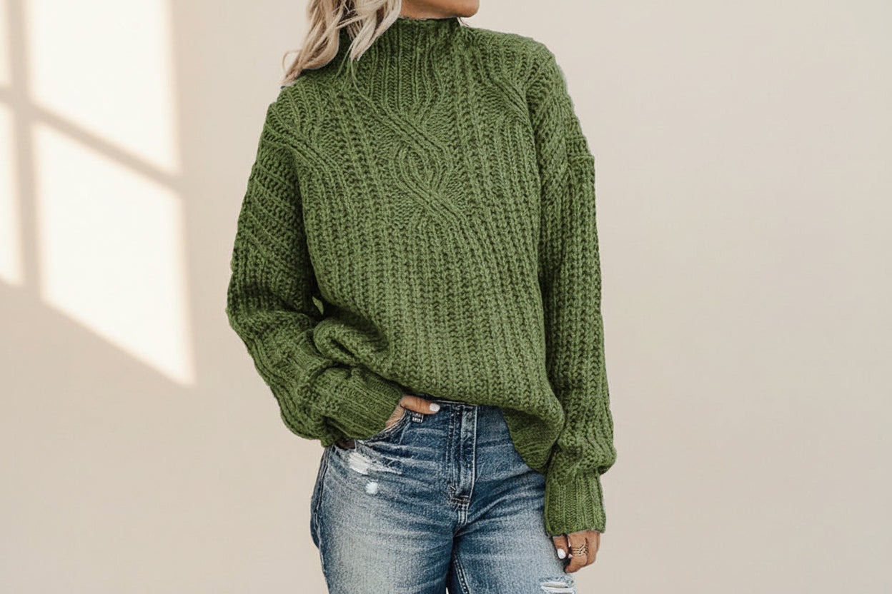 ELNOVÉ High Neck Cable Knit Pullover