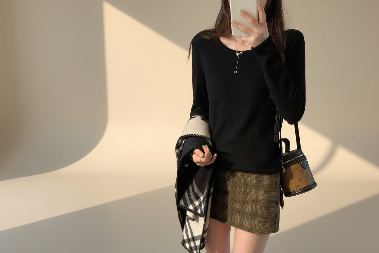 Round Neck Long Sleeve Knit Tee — Detail View 1