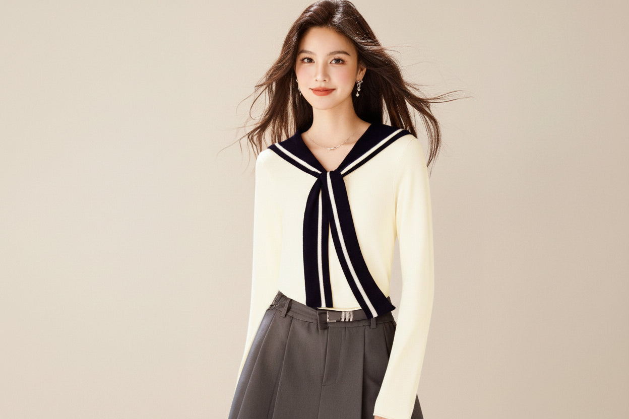 Navy Collar Shawl Knit Sweater — View 4