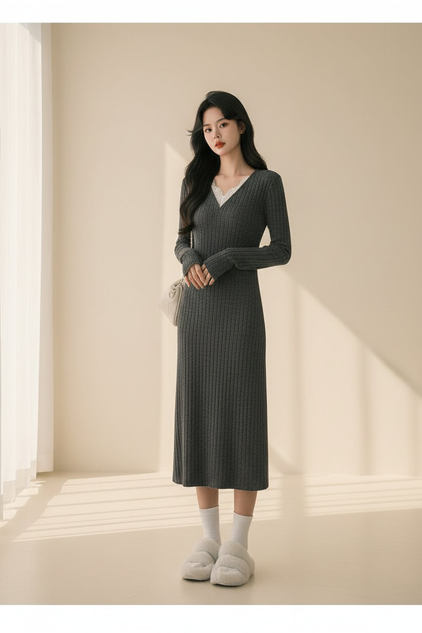 Lace Spliced V-Neck Knit Midi Dress — View 6