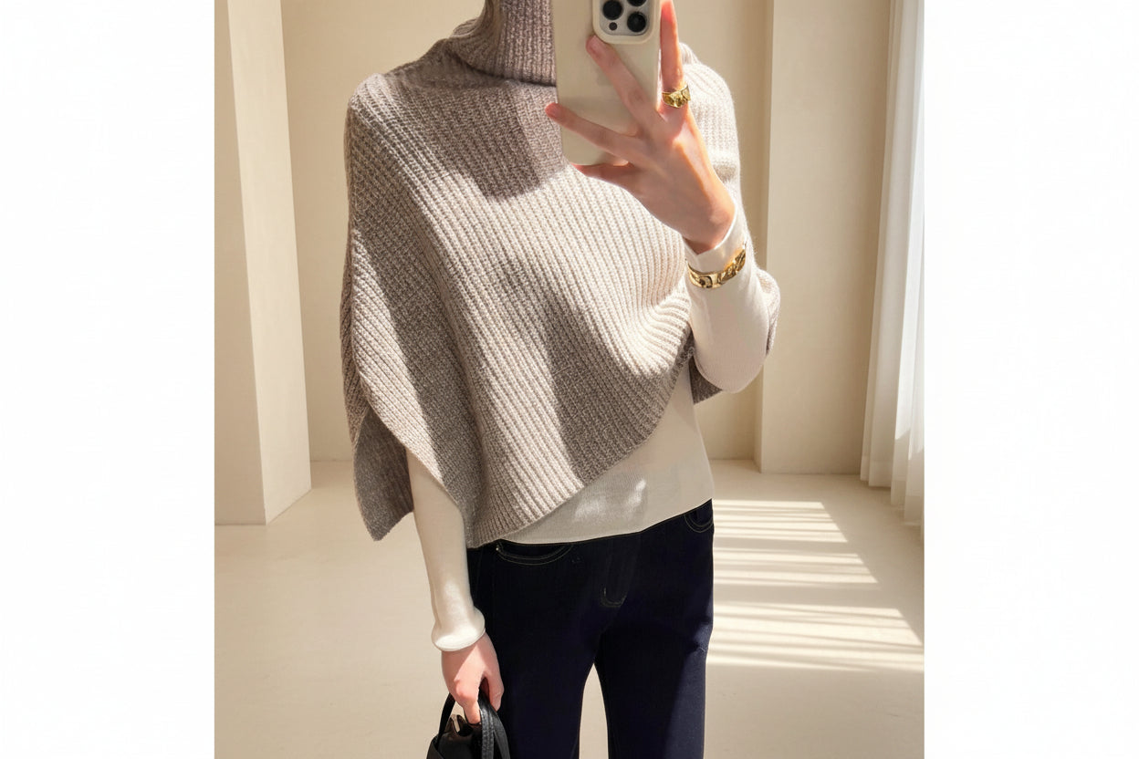 Apricot High Neck Shawl Knit Cape — View 3