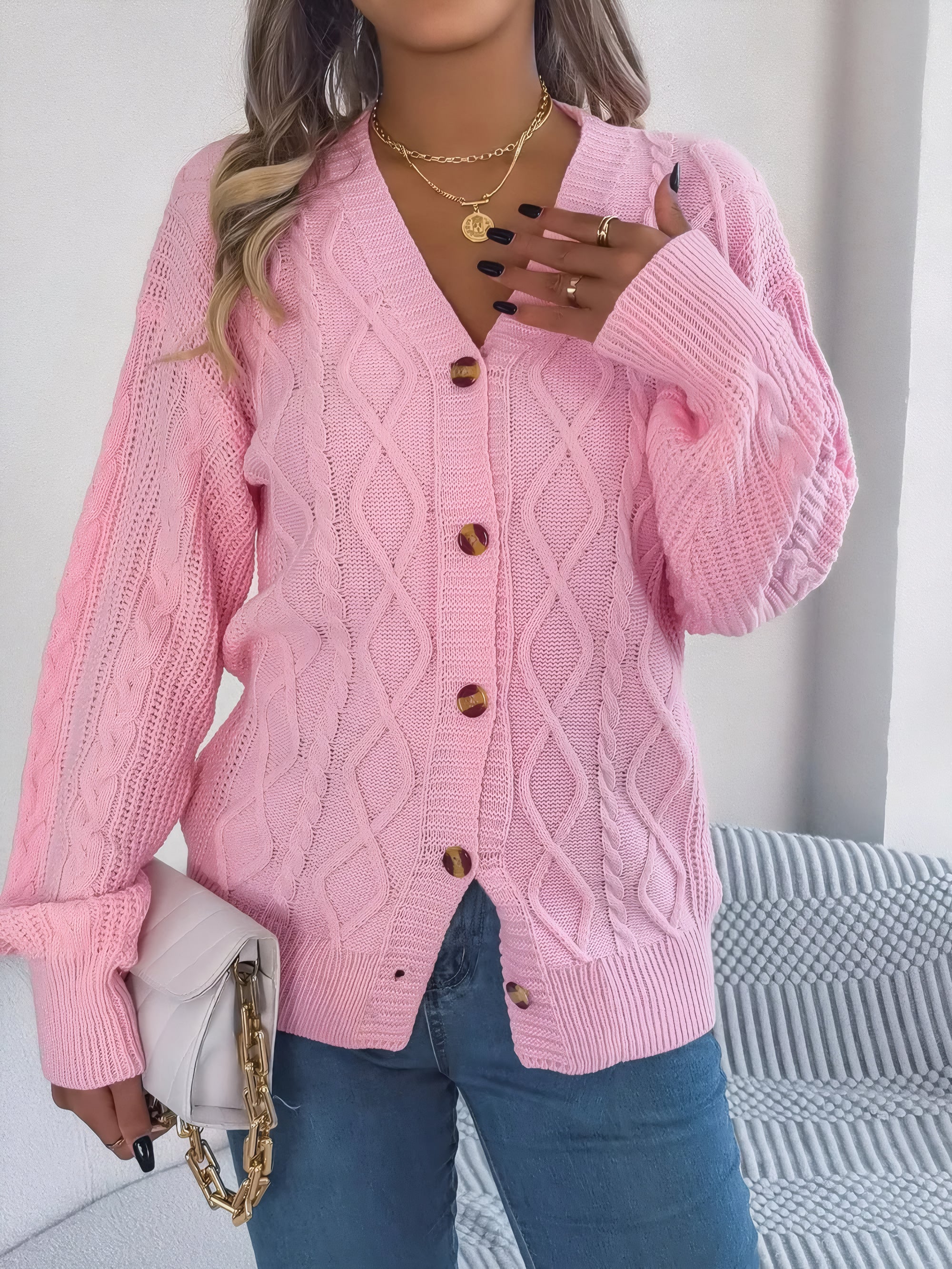 cardigan col en V maille torsadée #Color_Blush Pink