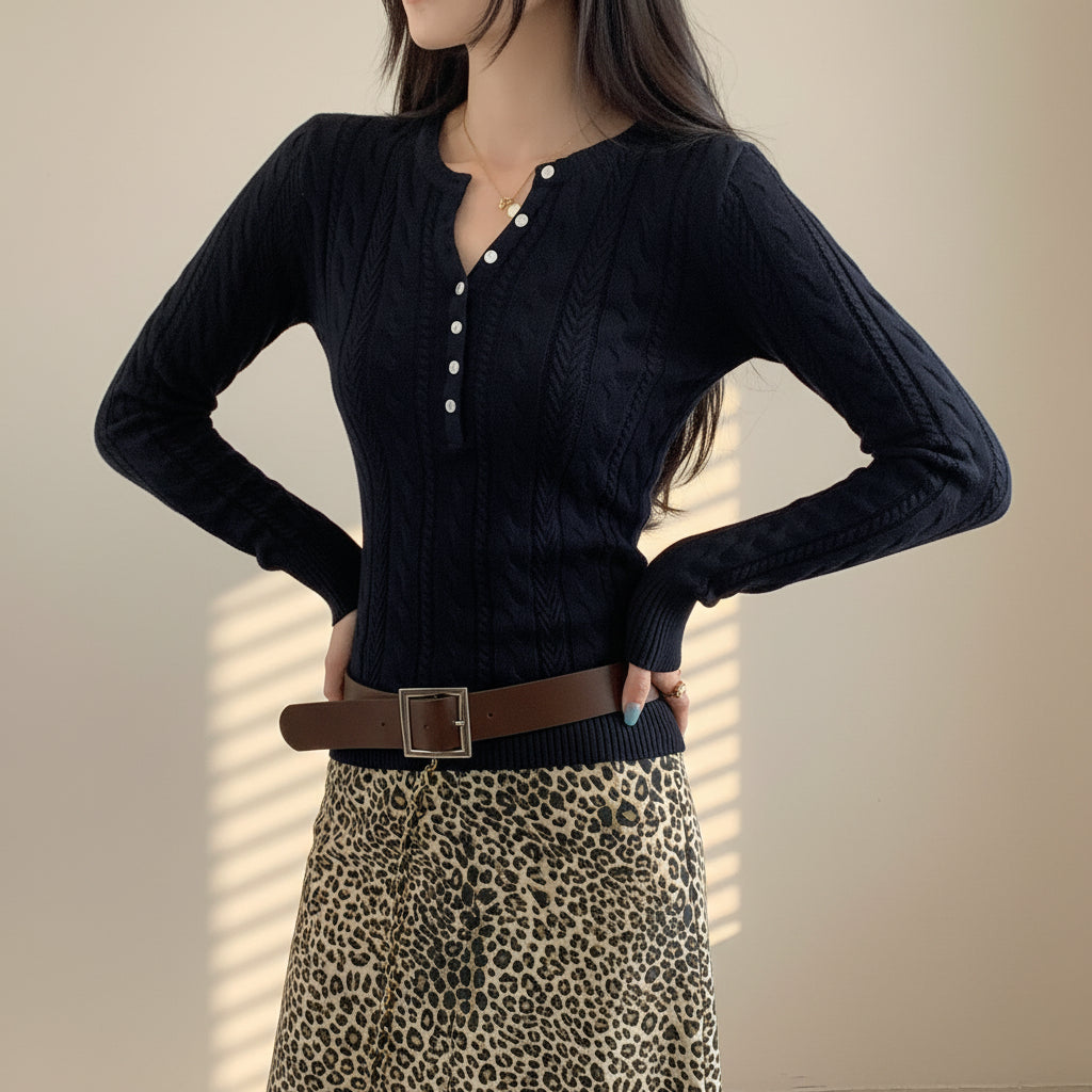 Half-Open Neck Cable Knit Sweater — View 8