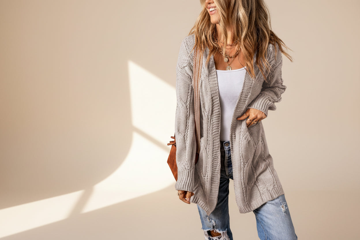 Ribbed Trim Eyelet Cable Knit Cardigan — View 30