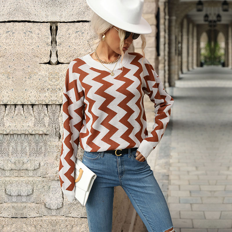 wave-pattern knit pullover