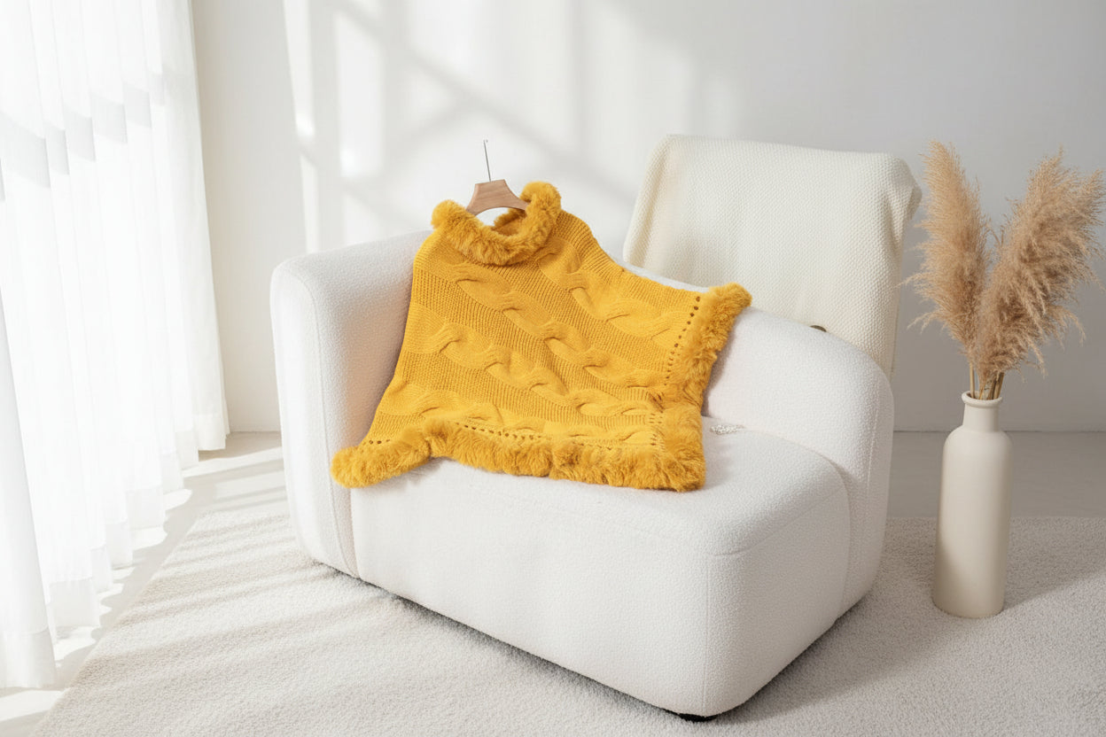 Fuzzy Hem Cable-Knit Poncho — Detail View 4