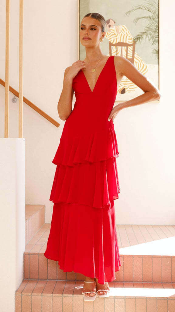 sleeveless V-neck dress #Color_Red