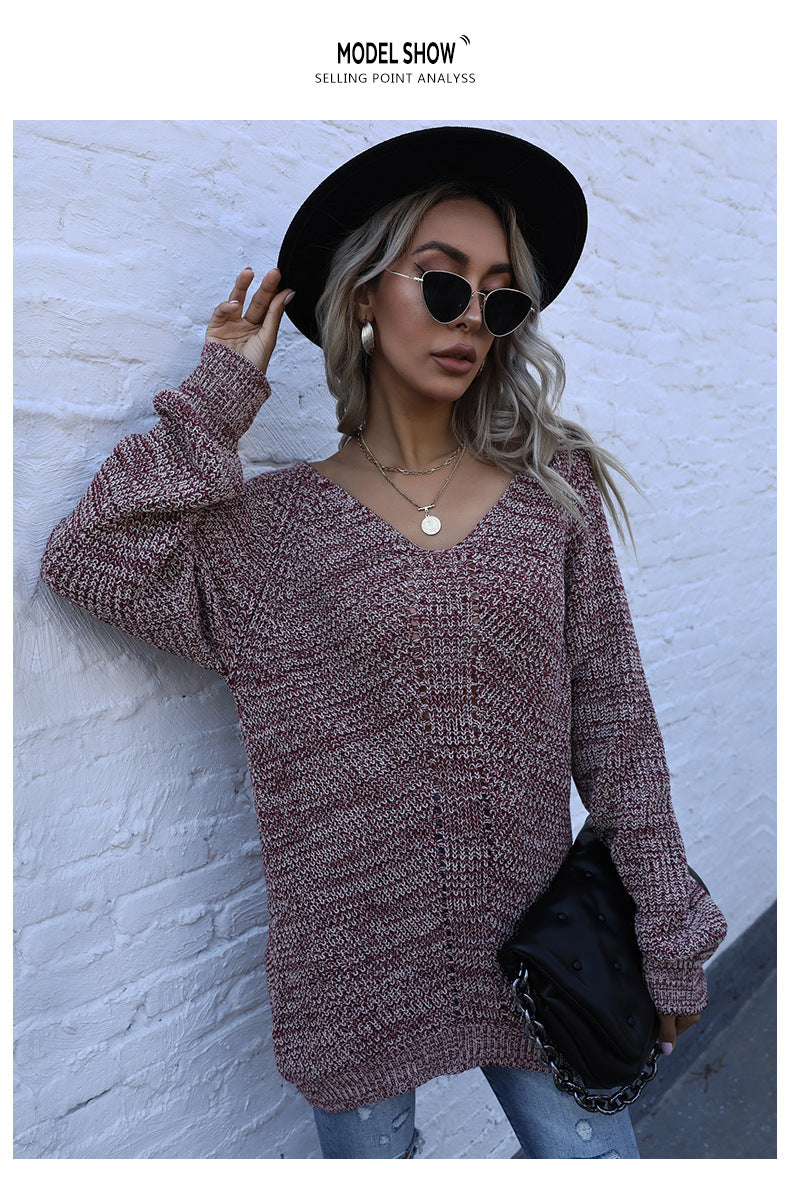 V-neck irregular-hem knit sweater