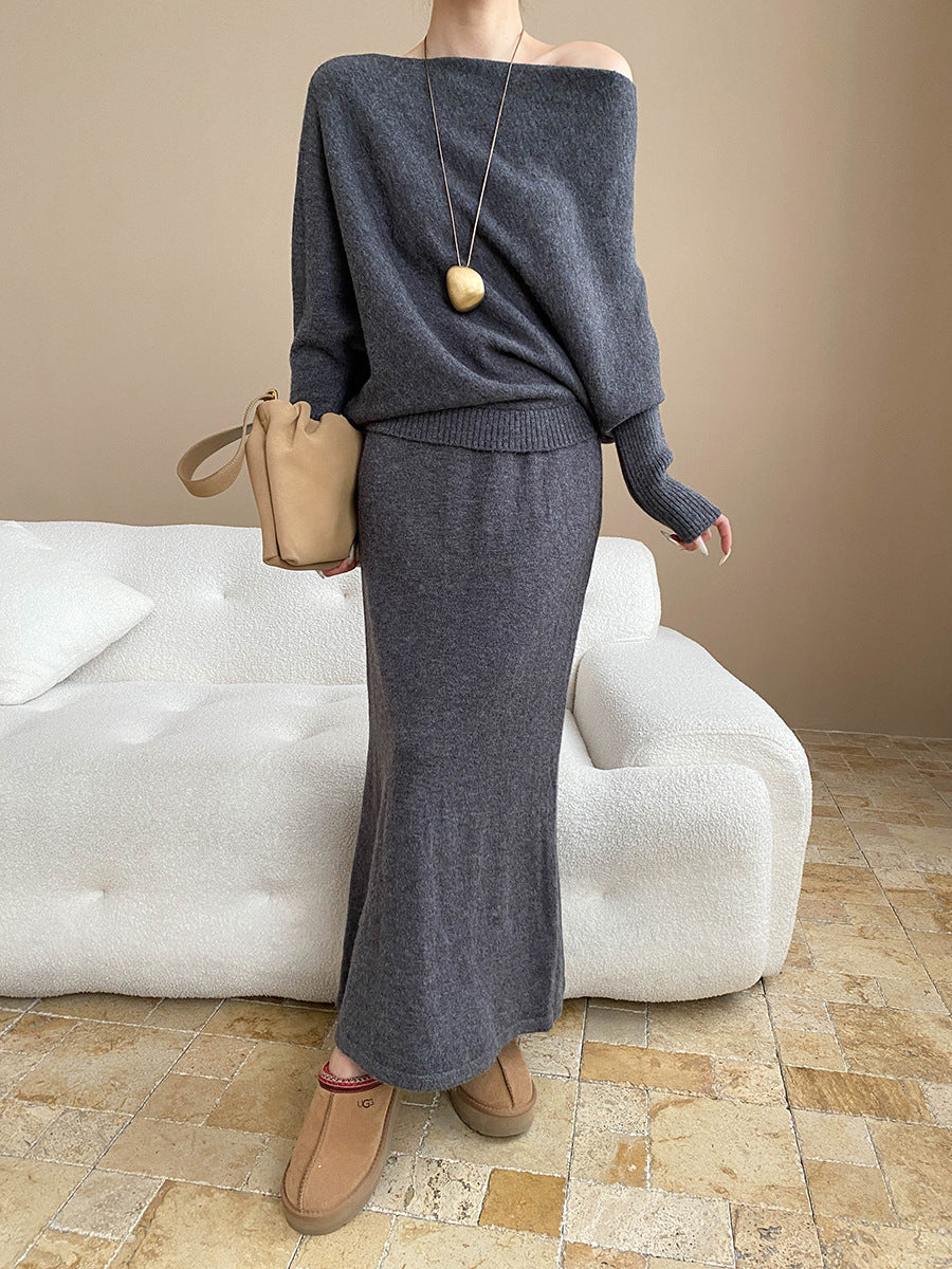 batwing off-shoulder knit two-piece set#Color_Gray