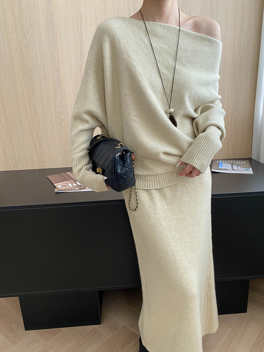 batwing off-shoulder knit two-piece set#Color_Apricot